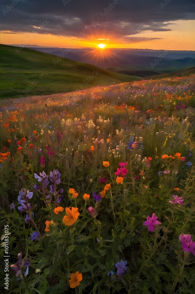 Fototapeta premium Elevate your visuals with the captivating Wildflower Sunset Image