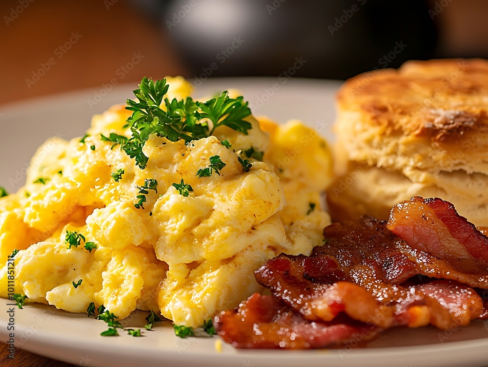 Close-up of scrambled eggs with bacon and biscuits Close-up of scrambled eggs with bacon and biscuits