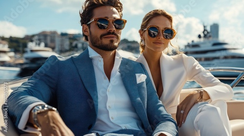 A stylish, wealthy couple wearing sunglasses, relaxing on a luxurious yacht, embodying the high-end lifestyle of modern millionaires