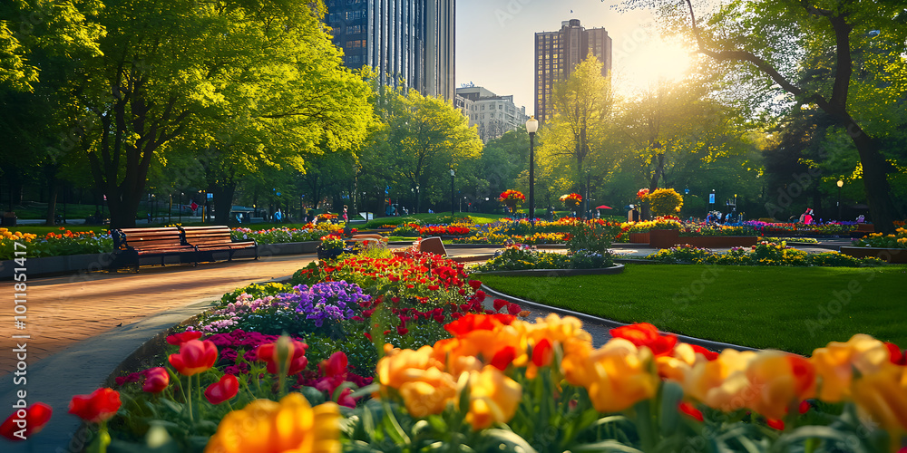 Obraz premium Vibrant city park with blooming flowers, city park, vibrant, flowers, blooming, urban, garden, greenery, spring