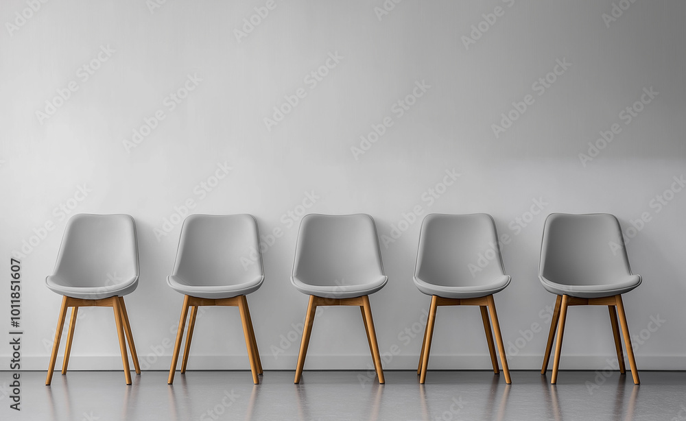 A row of modern gray chairs lined up against a minimalist white wall in a well-lit room. A row of modern gray chairs lined up against a minimalist white wall in a well-lit room.