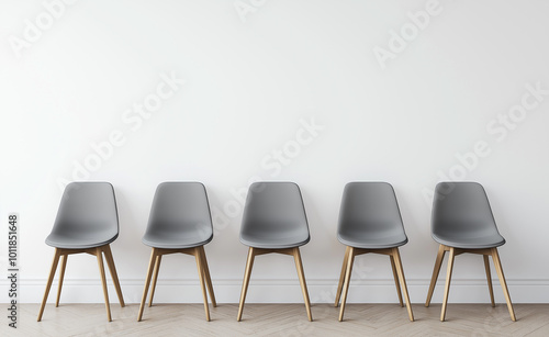 A row of modern gray chairs lined up against a minimalist white wall in a well-lit room.