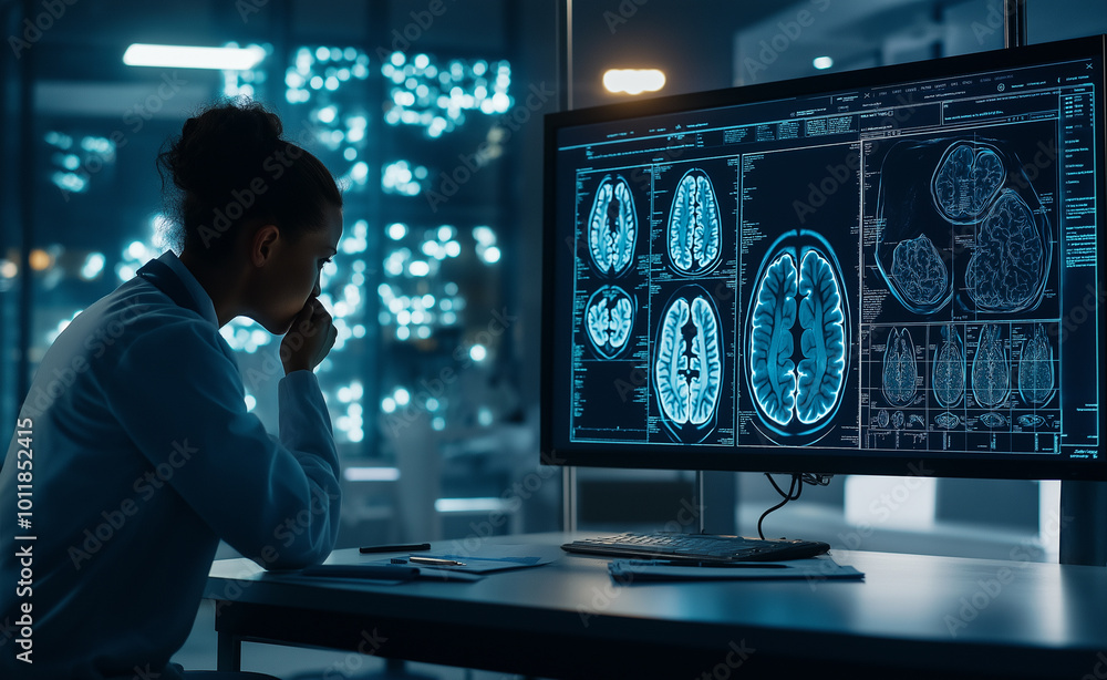 A female scientist examining brain scans on a monitor, symbolizing research, technology, and neuroscience. A female scientist examining brain scans on a monitor, symbolizing research, technology, and neuroscience.