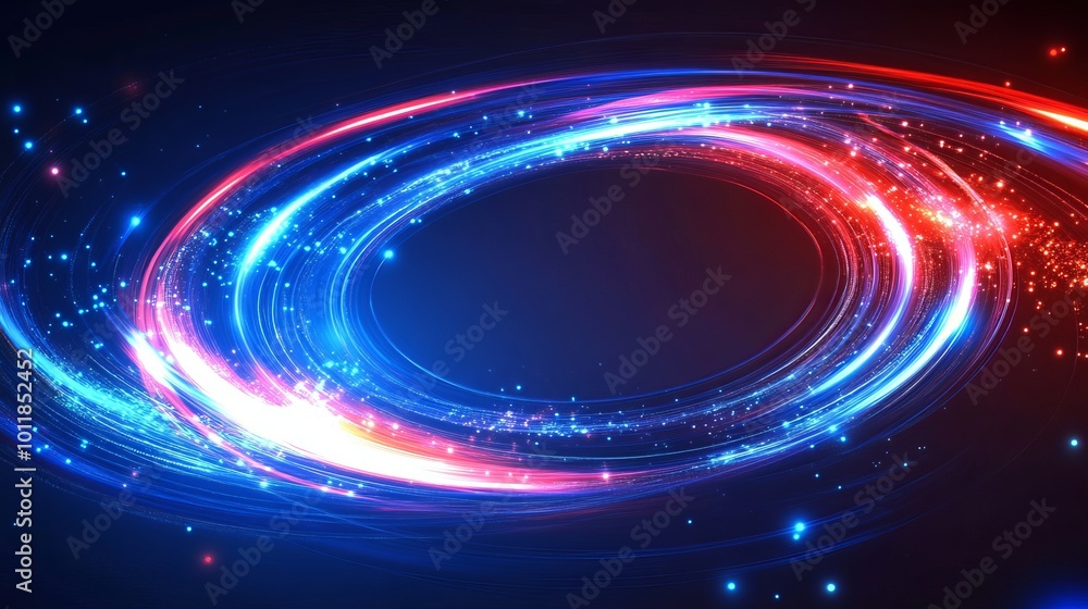 Blue and red lights create a swirling effect, resembling a cosmic trail. The bright circular frame glows with energy, creating a captivating and futuristic visual. Blue and red lights create a swirling effect, resembling a cosmic trail. The bright circular frame glows with energy, creating a captivating and futuristic visual.