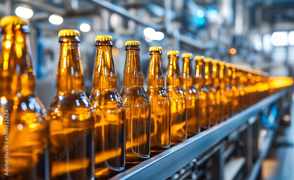 A row of amber glass bottles on an assembly line in a brewery, showcasing the manufacturing and production process. A row of amber glass bottles on an assembly line in a brewery, showcasing the manufacturing and production process.