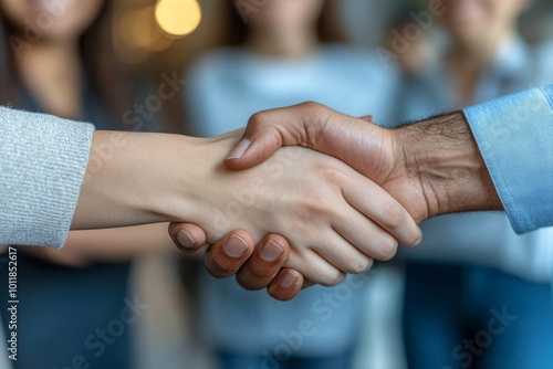 Meeting, partnership and business people shaking hands in the office for a deal, collaboration or onboarding. Diversity, professional and employees with handshake for agreement, Generative AI