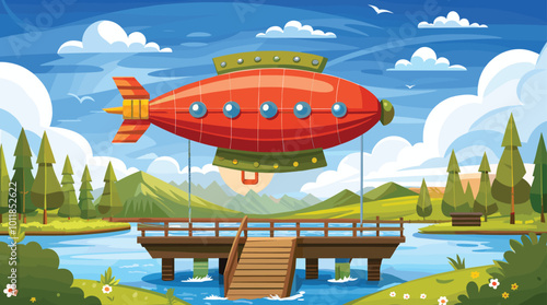 Whimsical airship hovering over scenic lake and dock in vibrant cartoon landscape