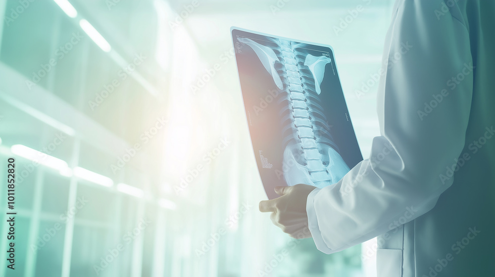 A doctor examining a spinal X-ray in a medical office, symbolizing healthcare, diagnosis, and medical expertise. A doctor examining a spinal X-ray in a medical office, symbolizing healthcare, diagnosis, and medical expertise.