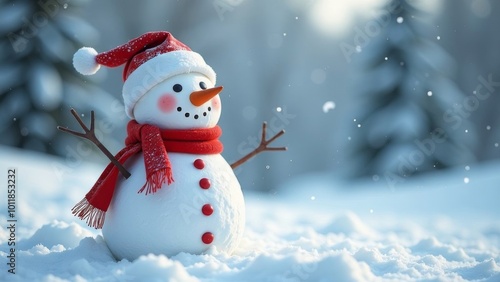 Happy snowman wearing Santa hat in snowy forest.