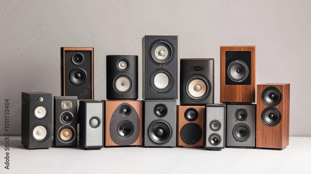 A collection of speakers from different decades arranged together, showing the evolution of music speaker design over time A collection of speakers from different decades arranged together, showing the evolution of music speaker design over time