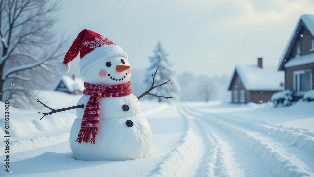 Obraz premium A Christmas snowman smiles at you near the path leading home.