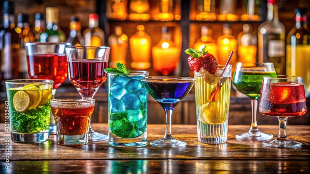 A Vibrant Collection of Colorful Alcohol Drinks in Stylish Glassware on a Wooden Bar Countertop A Vibrant Collection of Colorful Alcohol Drinks in Stylish Glassware on a Wooden Bar Countertop