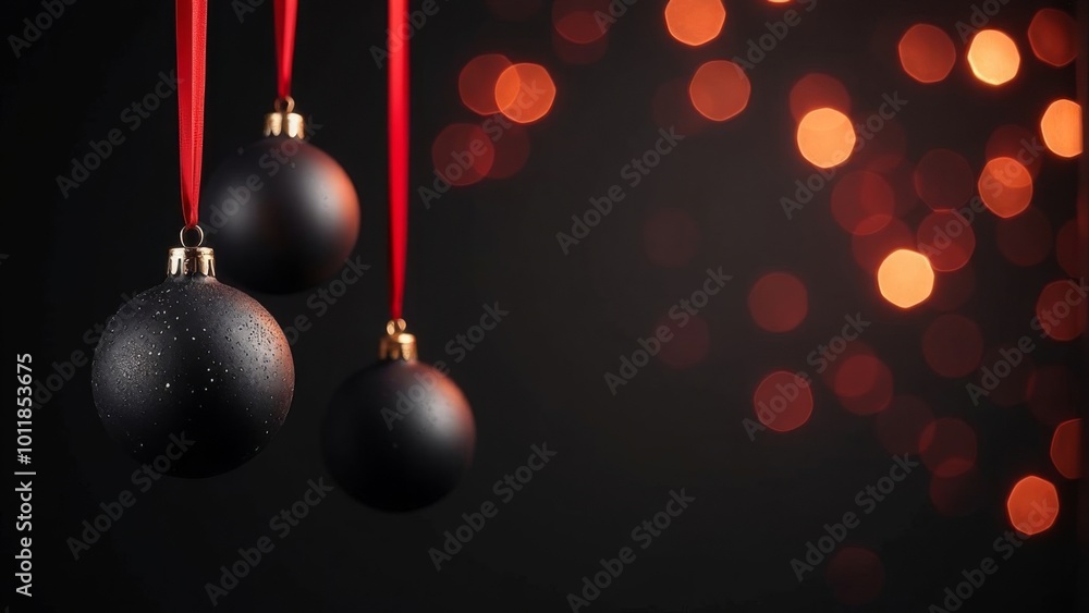 Fototapeta premium Black Christmas balls hang on a black background.
