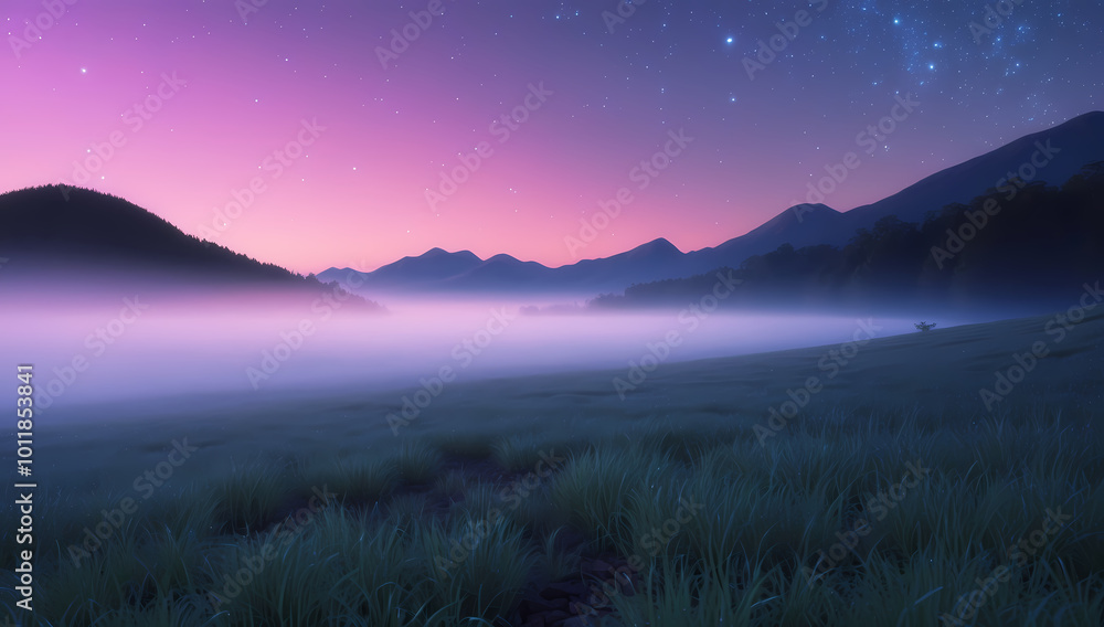 Tranquil Mountain Meadow at Dawn with Mist and Twinkling Stars
Tranquil Mountain Meadow at Dawn with Mist and Twinkling Stars
