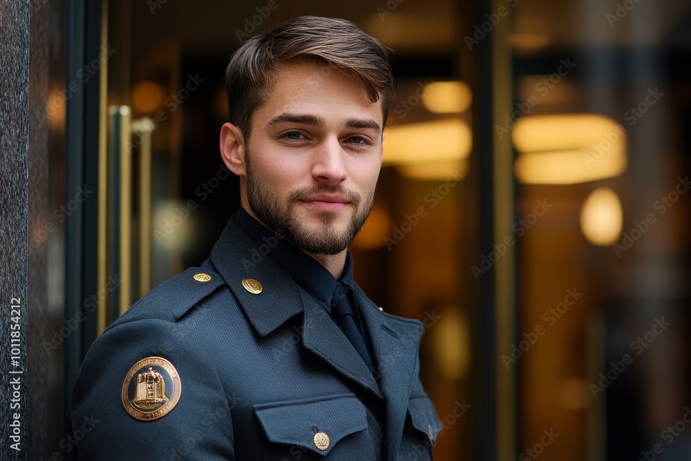 Male Security Guard Standing At The Entrance, Generative AI Male Security Guard Standing At The Entrance, Generative AI