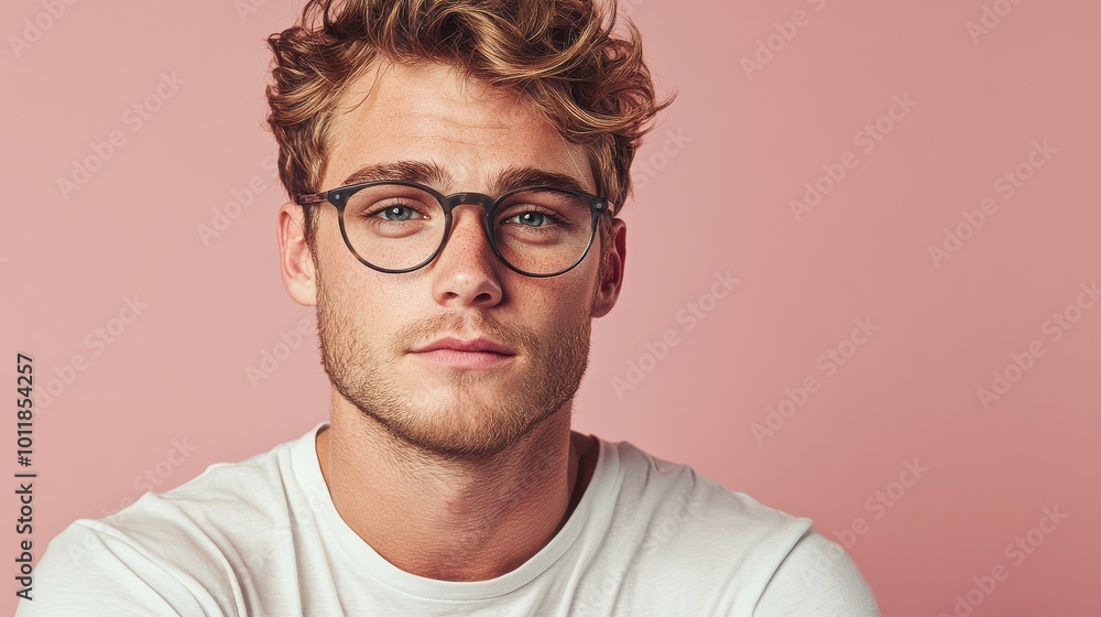 Close-up portrait of a young man with curly hair and glasses against a pink background Close-up portrait of a young man with curly hair and glasses against a pink background