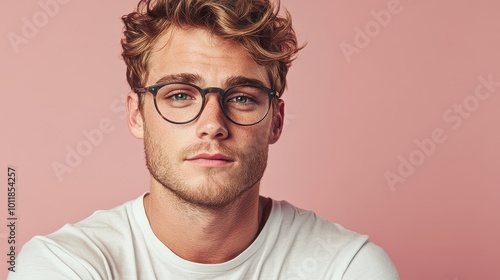 Close-up portrait of a young man with curly hair and glasses against a pink background