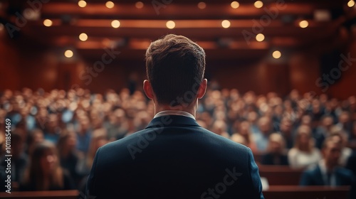 Business and entrepreneurship symposium. Speaker giving a talk at business meeting. Audience in conference hall. Rear view of unrecognized participant, Generative AI