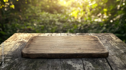 A rustic wooden cutting board on a weathered table in a sunlit forest setting.