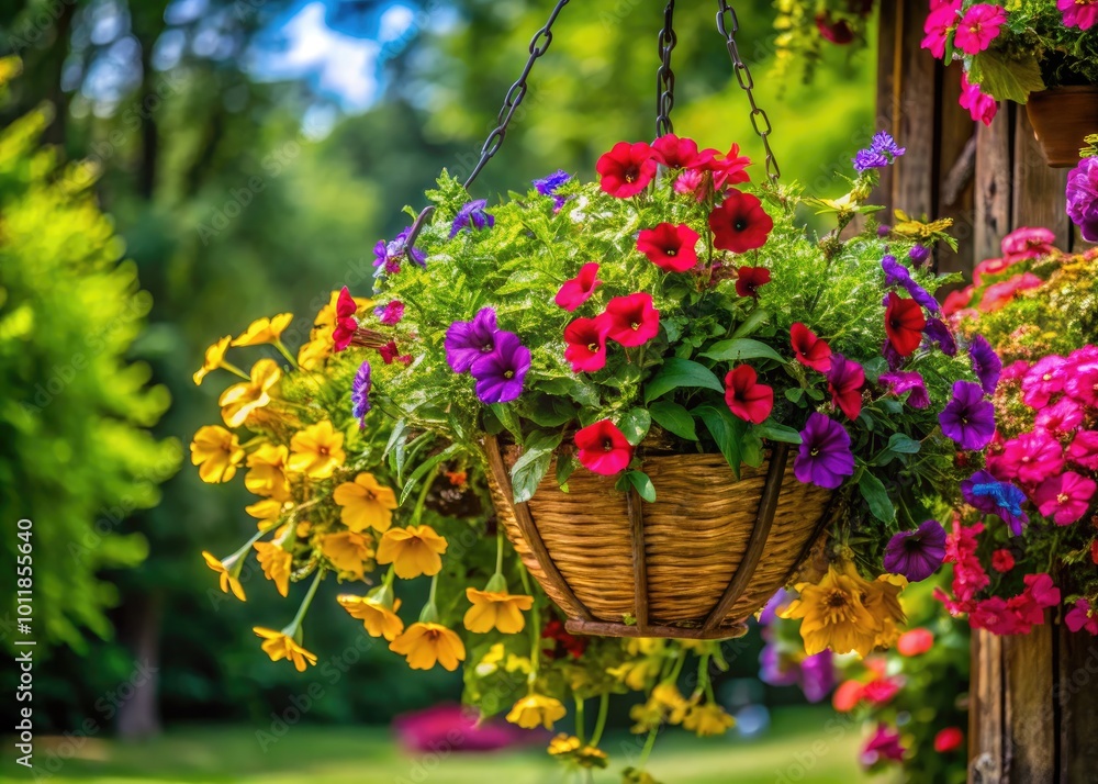 Beautiful Adirondack Hanging Basket with Vibrant Flowers and Lush Greenery in Natural Setting Beautiful Adirondack Hanging Basket with Vibrant Flowers and Lush Greenery in Natural Setting