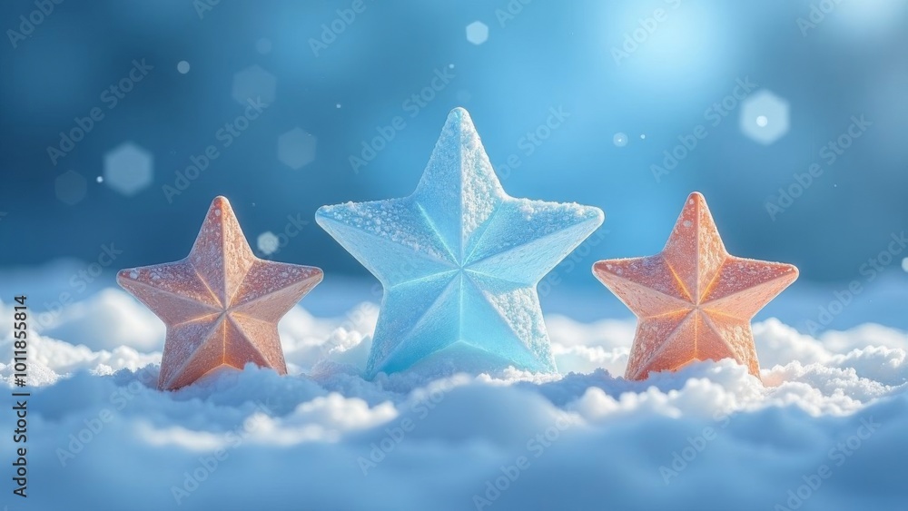 Three stars on the snow with bokeh.