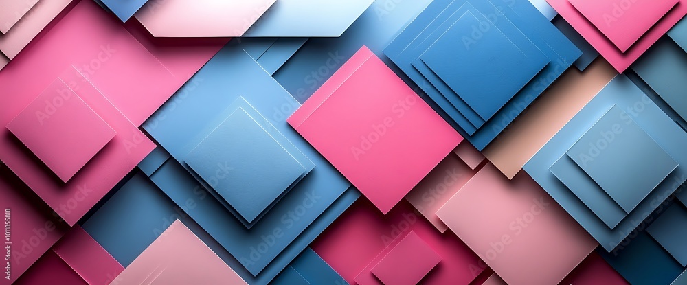 Abstract background of overlapping pink, blue, and beige squares with a 3D effect. Abstract background of overlapping pink, blue, and beige squares with a 3D effect.