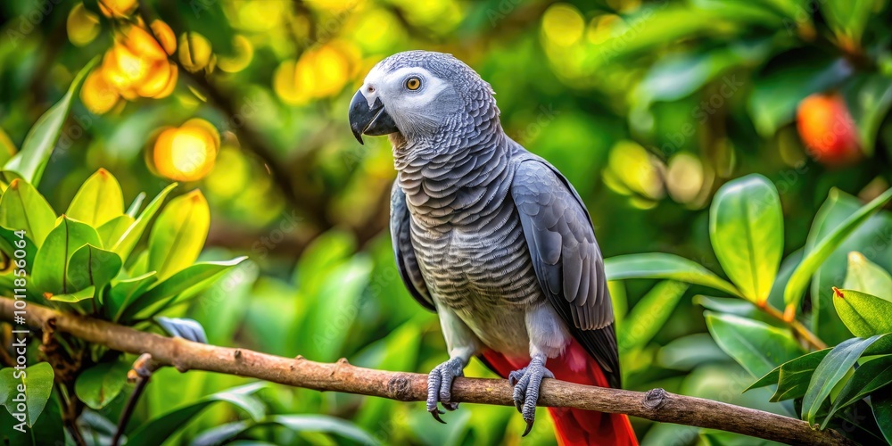 Obraz premium Beautiful African Grey Bird Perched on a Branch with Lush Green Foliage in the Background