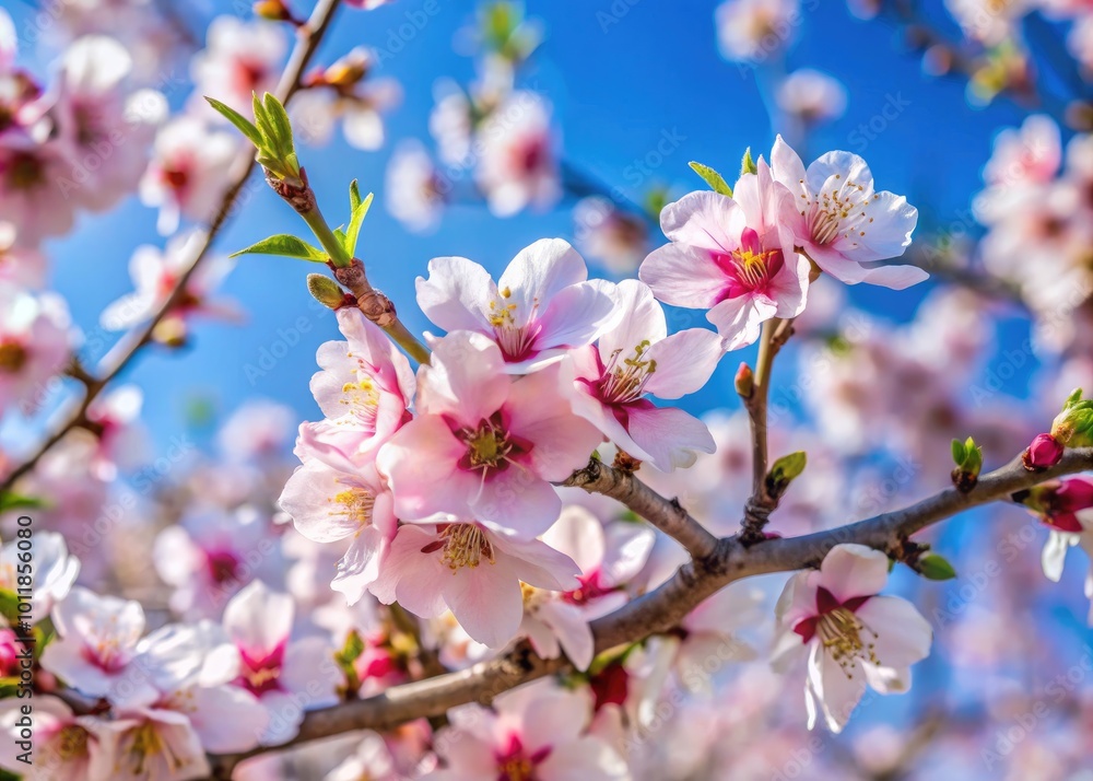 Beautiful Almond Blossoms in Springtime with Soft Pink Petals Against a Clear Blue Sky Background Beautiful Almond Blossoms in Springtime with Soft Pink Petals Against a Clear Blue Sky Background
