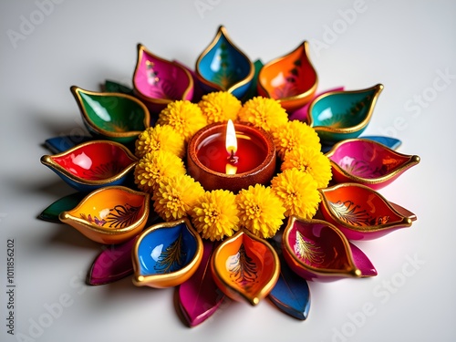 Vibrant Diwali Diyas with Marigold Flowers photo