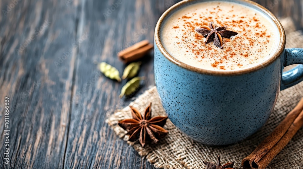 A frothy chai latte in a ceramic mug, topped with a sprinkle of cinnamon, sitting on a rustic wooden table next to star anise and cardamom A frothy chai latte in a ceramic mug, topped with a sprinkle of cinnamon, sitting on a rustic wooden table next to star anise and cardamom