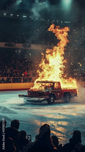 Burning Zamboni Spins Out of Control During Ice Show. photo