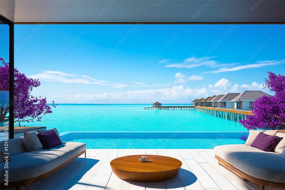 A breathtaking view of luxurious overwater bungalows extends over the turquoise ocean, surrounded by serene beauty and a pristine infinity pool. Perfect for ultimate relaxation. A breathtaking view of luxurious overwater bungalows extends over the turquoise ocean, surrounded by serene beauty and a pristine infinity pool. Perfect for ultimate relaxation.