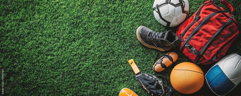 Naklejka premium Various Sport Equipments On Grass, Generative AI