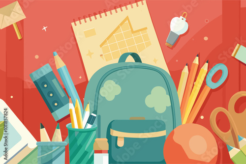 Colorful school supplies and backpack on red background