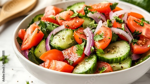 Fresh tomato and cucumber salad with red onion
