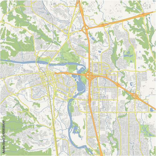 Map of Redding in California in a normal road map style. Contains layered vector with roads water, parks, etc.