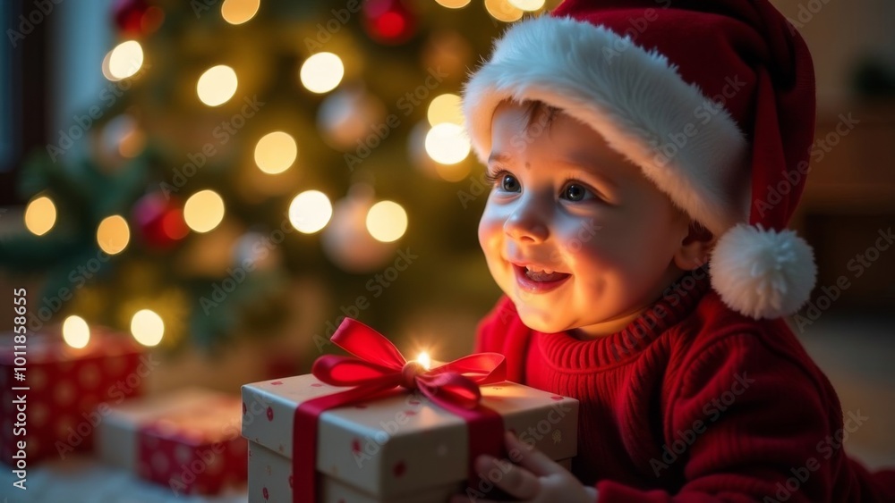 A child with a gift in his hands against the background of a Christmas tree. A child with a gift in his hands against the background of a Christmas tree.