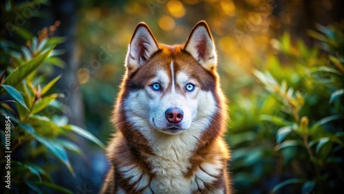 Beautiful brown Siberian husky with striking blue eyes sitting gracefully in a natural outdoor setting