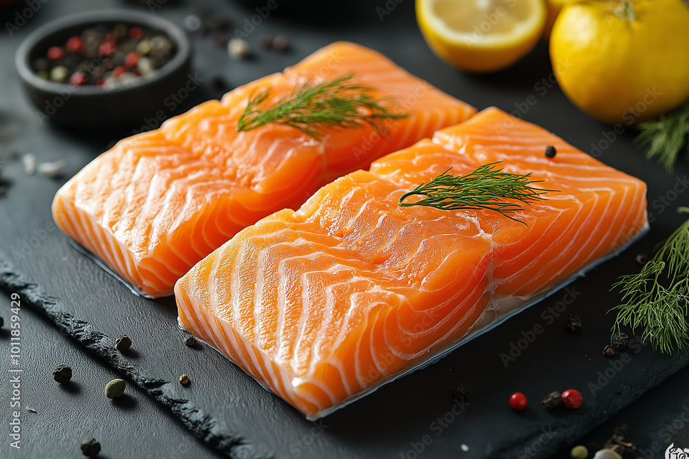 Close up of fresh salmon fillet with salt rosemary and spices Close up of fresh salmon fillet with salt rosemary and spices