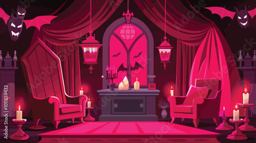 Dark gothic vampire lair with eerie red lighting and bats