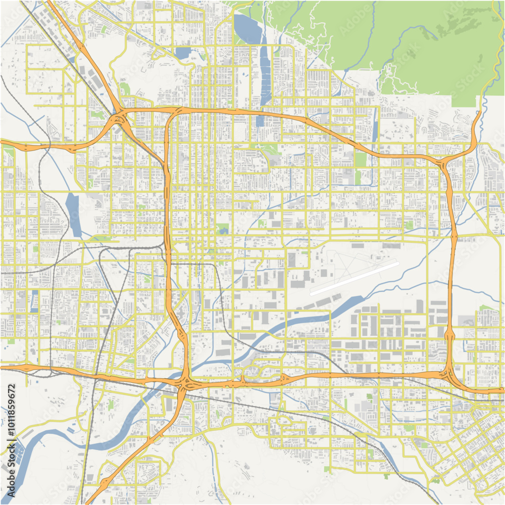 Map of San Bernardino in California in a normal road map style. Contains layered vector with roads water, parks, etc. Map of San Bernardino in California in a normal road map style. Contains layered vector with roads water, parks, etc.