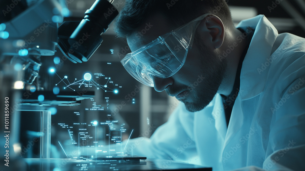 Scientist wearing safety goggles observing digital data through a microscope, representing scientific research and technology. Scientist wearing safety goggles observing digital data through a microscope, representing scientific research and technology.