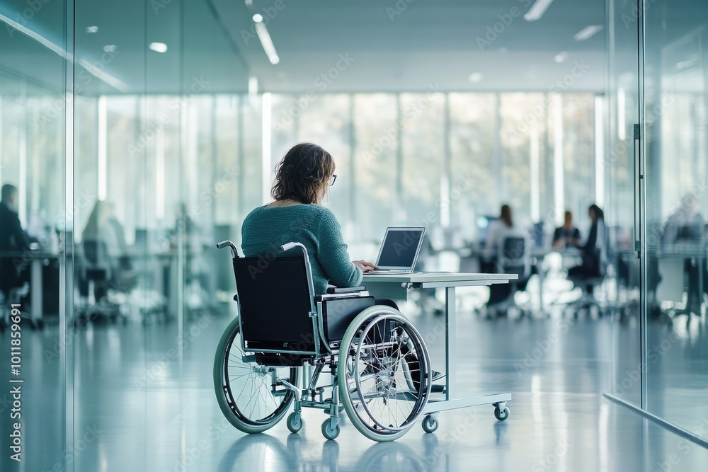 Wheelchair User in Modern Open Space Office, Inclusive Environment with Colleagues Wheelchair User in Modern Open Space Office, Inclusive Environment with Colleagues