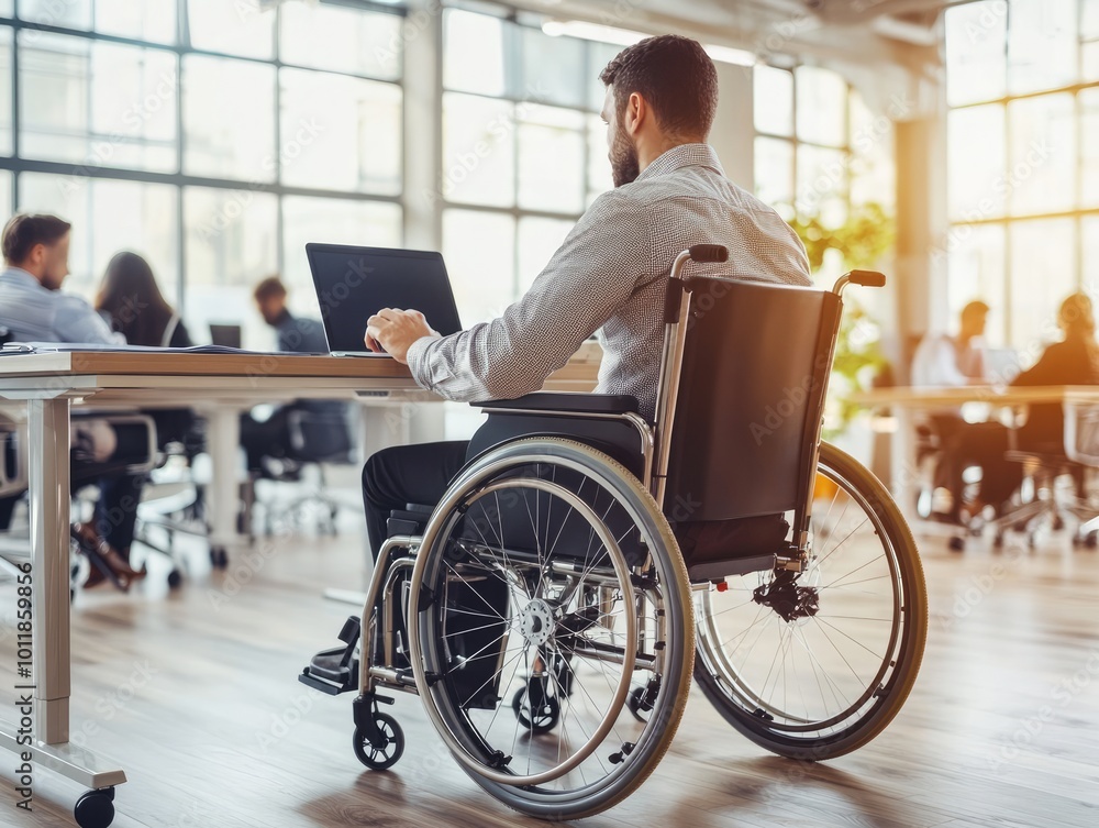 Wheelchair User in Modern Open Space Office, Inclusive Environment with Colleagues Wheelchair User in Modern Open Space Office, Inclusive Environment with Colleagues