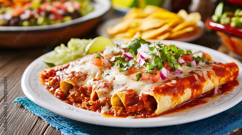 Savory enchiladas topped with cheese and salsa Savory enchiladas topped with cheese and salsa