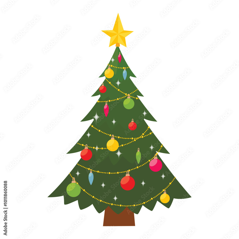 Decorated christmas tree with star, lights, decoration balls. Merry Christmas and a happy new year. Flat vector illustration. Decorated christmas tree with star, lights, decoration balls. Merry Christmas and a happy new year. Flat vector illustration.