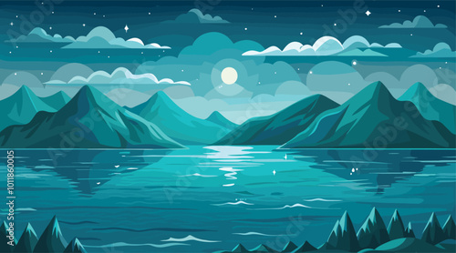 Tranquil moonlit lake and mountain landscape illustration