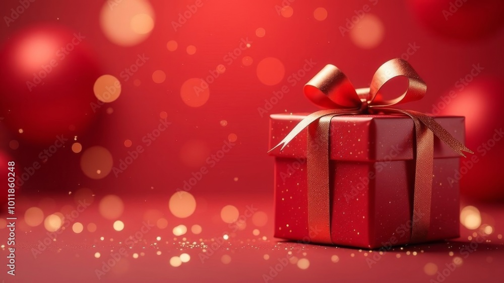 Red gift with Christmas balls and bokeh Red gift with Christmas balls and bokeh