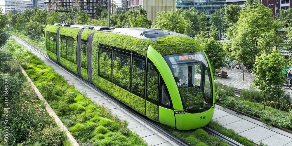 Naklejka premium Sustainable Transport Solutions: Illustrate electric buses or bicycles being used in a city, emphasizing environmentally friendly transportation options.