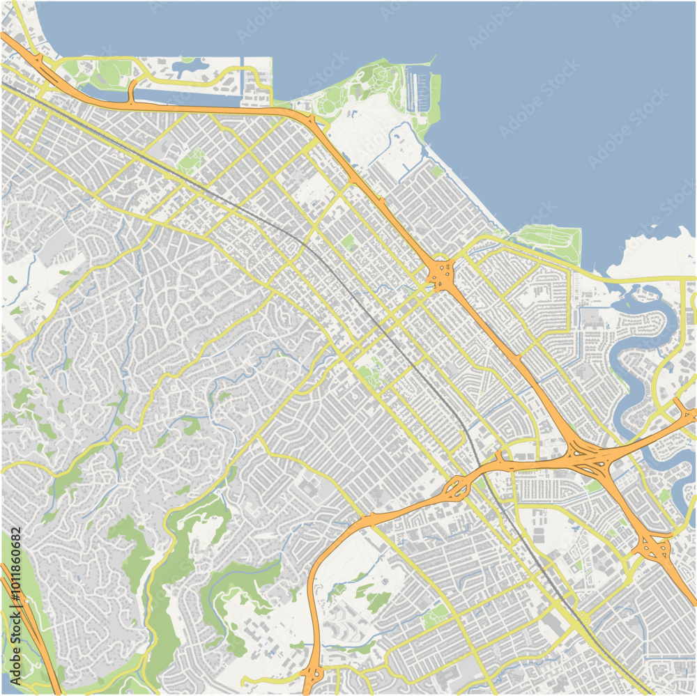 Map of San Mateo in California in a normal road map style. Contains layered vector with roads water, parks, etc. Map of San Mateo in California in a normal road map style. Contains layered vector with roads water, parks, etc.